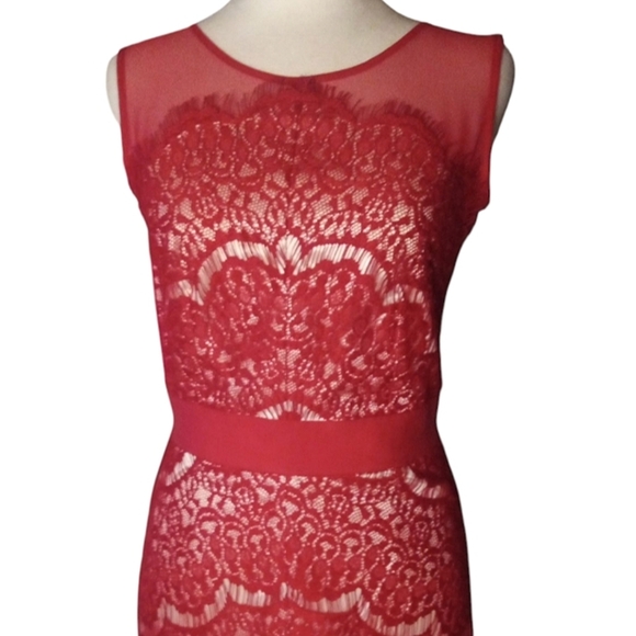 Jax Red Nude Short Sleeve Illusion Eyelash Lace Fitted Sheath Dress Size 2 - Picture 5 of 11
